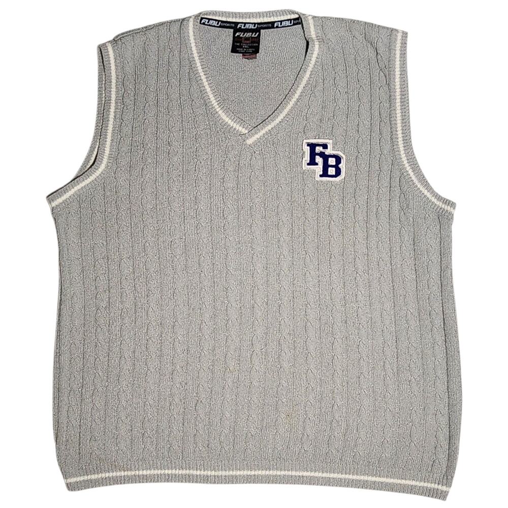 Vintage FUBU Sweater Vest Mens Size XXL Gray Preppy Stripes Cable Knit 90s Y2K